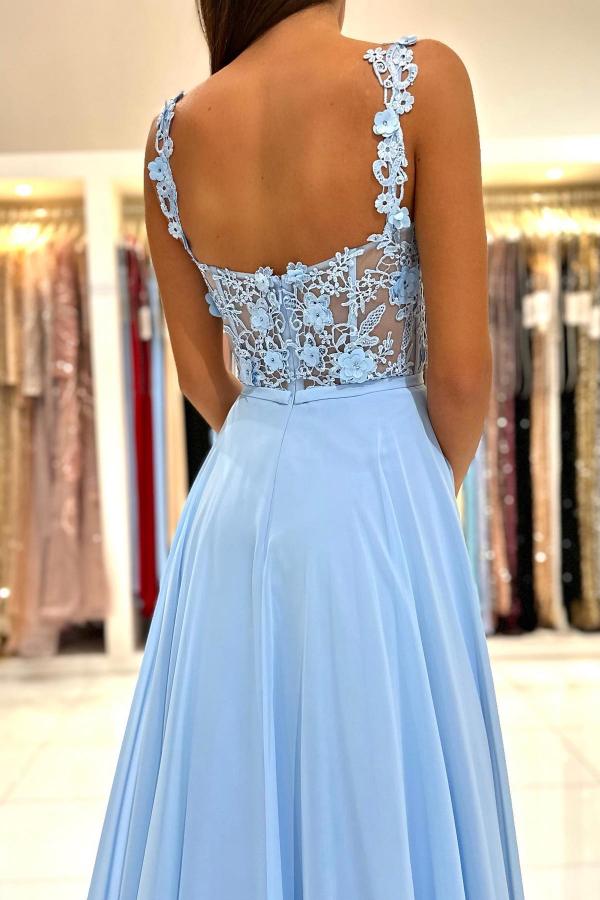Abito lungo semplice a linea ad A con scollo a cuore, chiffon, pizzo, senza schiena e spacco per ballo di fine anno