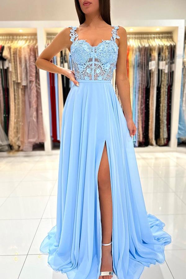 Abito lungo semplice a linea ad A con scollo a cuore, chiffon, pizzo, senza schiena e spacco per ballo di fine anno