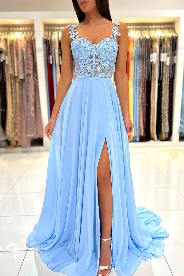 Abito lungo semplice a linea ad A con scollo a cuore, chiffon, pizzo, senza schiena e spacco per ballo di fine anno