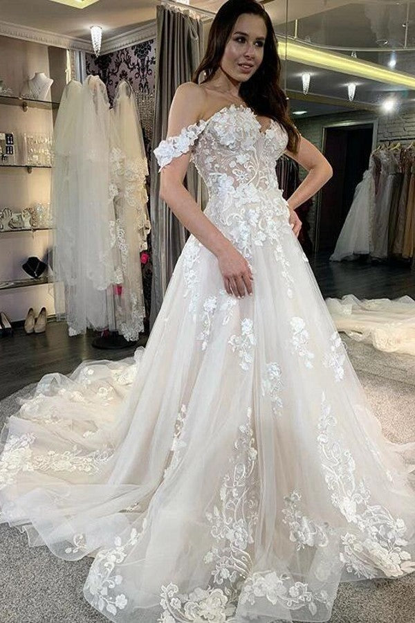Robe de mariée simple longue en tulle, ligne A, épaules dénudées, appliques en dentelle