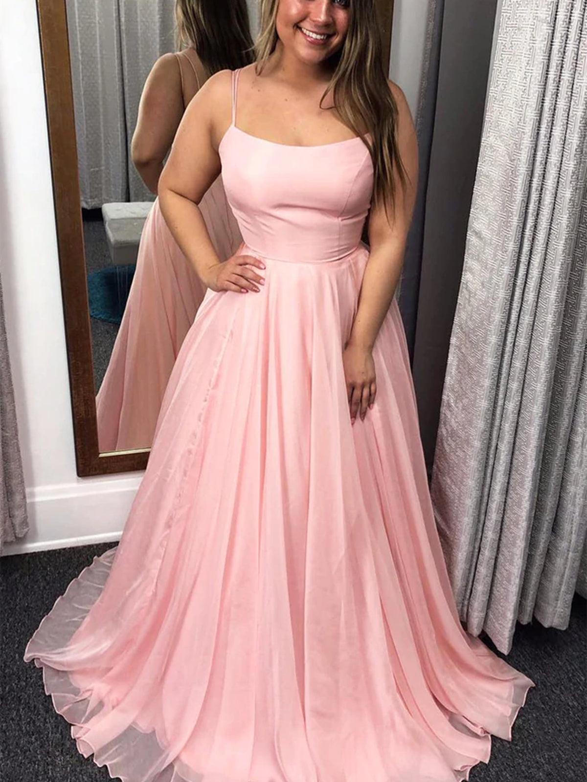 Simple Long A-line Tulle Prom Dress Pink Formal Graduation Evening Dresses