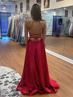 Simple Long A-line V Neck Backless Satin Graduation Prom Dresses with High Slit