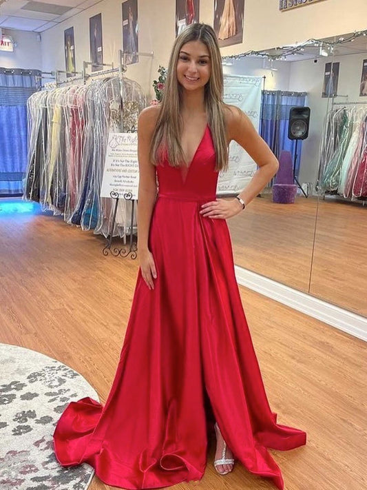 Simple Long A-line V Neck Backless Satin Graduation Prom Dresses with High Slit