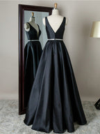 Simple Long A-line V-neck Backless Satin Prom Dress Black Formal Graduation Evening Dresses