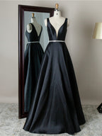 Simple Long A-line V-neck Backless Satin Prom Dress Black Formal Graduation Evening Dresses