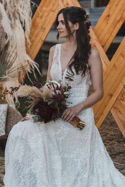 Simple Long A-Line V-neck Lace Backless Wedding Dresses