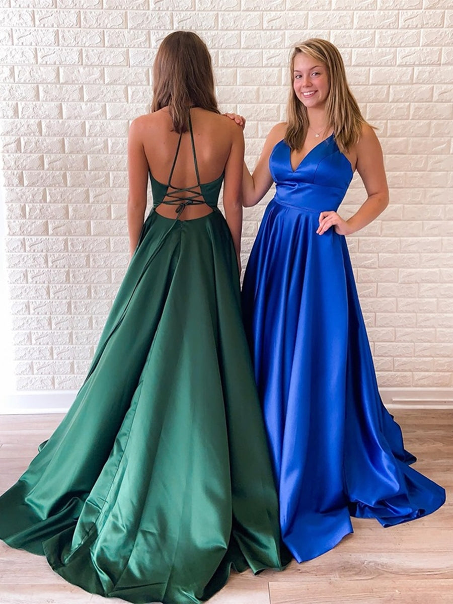 Simple Long A Line V Neck Satin Backless Prom Formal Graduation Evening Dresses