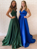 Simple Long A Line V Neck Satin Backless Prom Formal Graduation Evening Dresses