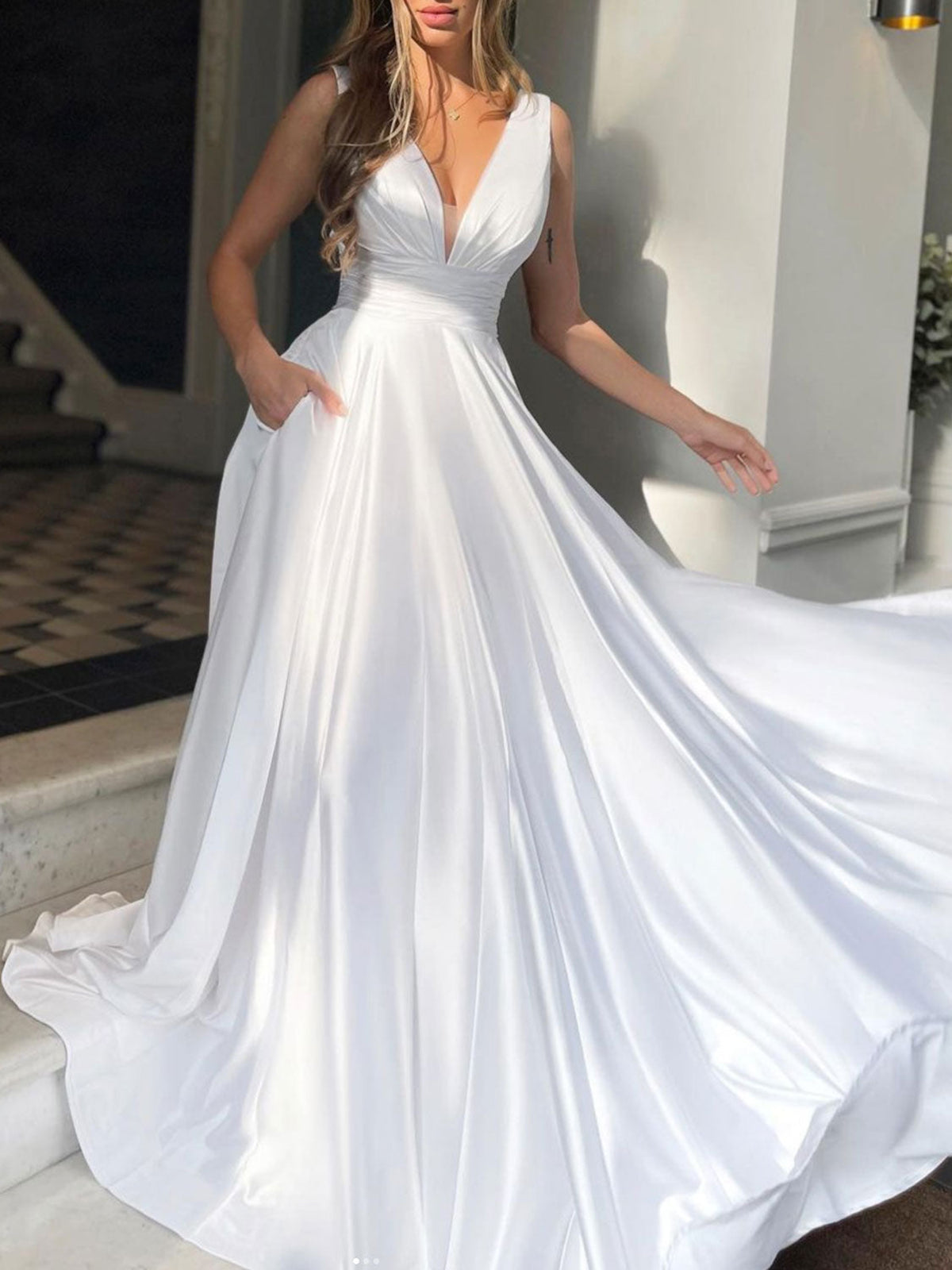 Simple Long A-line V-neck Satin Prom Dress White Formal Graduation Evening Dresses with Pockets