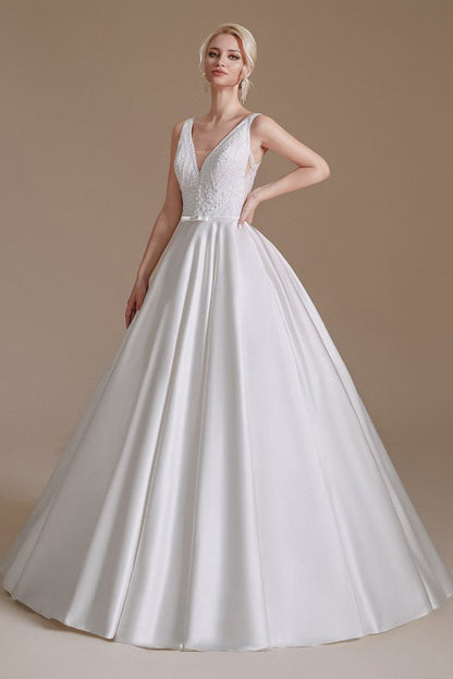 Simple Long A-line V-neck Satin Wedding Dress with Appliques Lace