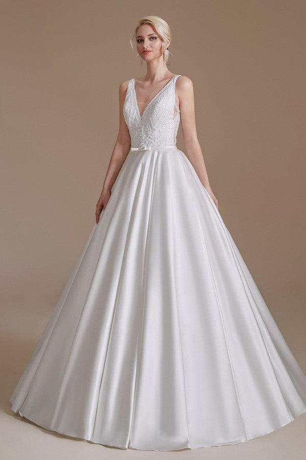Robe de mariée simple longue en satin, coupe en A, col en V, avec dentelle appliquée