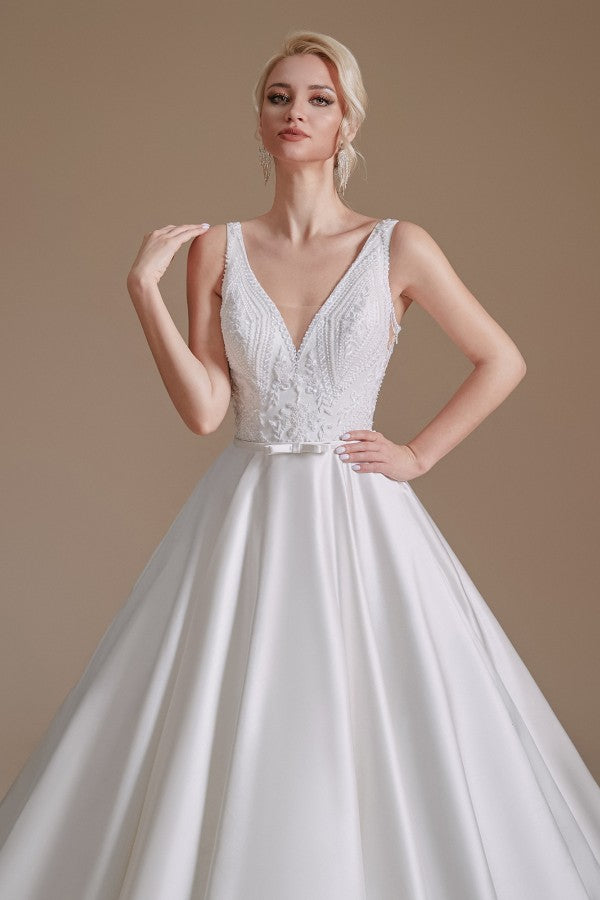 Simple Long A-line V-neck Satin Wedding Dress with Appliques Lace