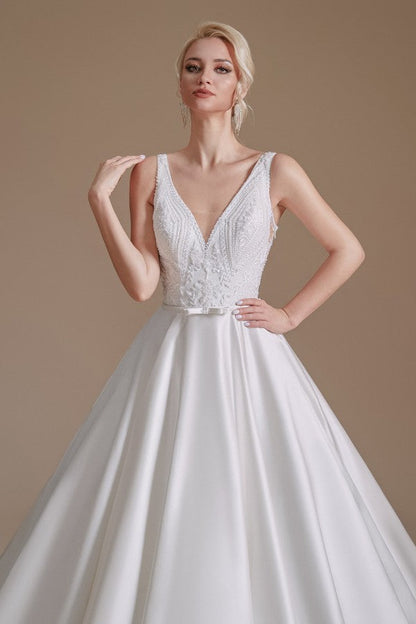 Simple Long A-line V-neck Satin Wedding Dress with Appliques Lace