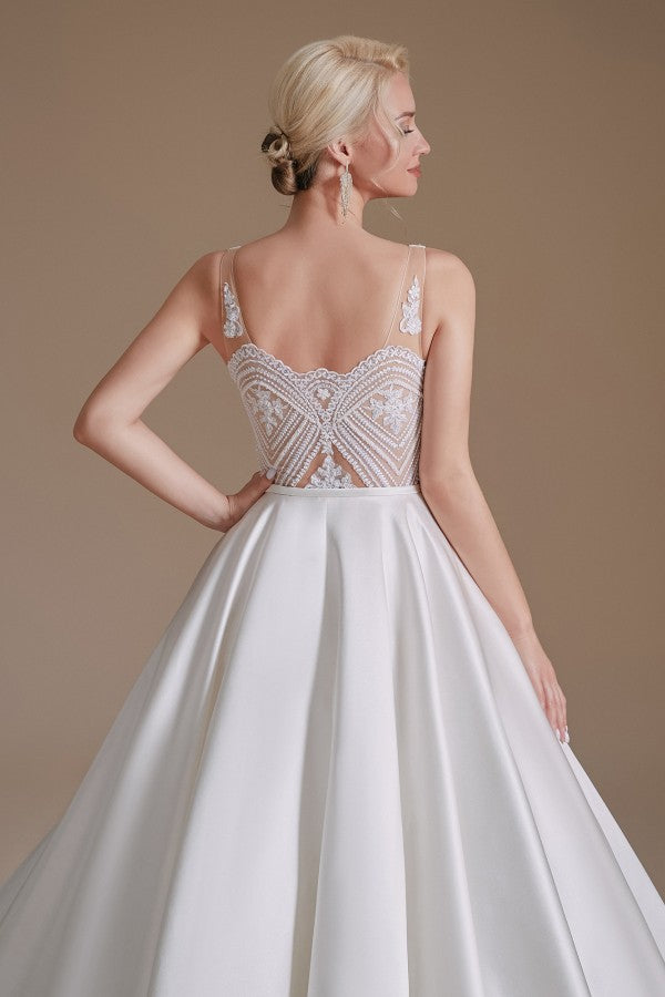 Simple Long A-line V-neck Satin Wedding Dress with Appliques Lace