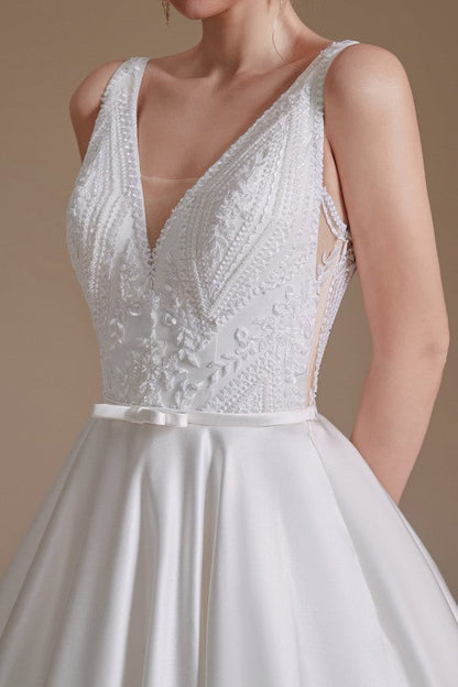 Simple Long A-line V-neck Satin Wedding Dress with Appliques Lace