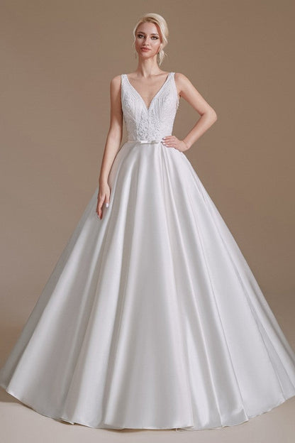 Simple Long A-line V-neck Satin Wedding Dress with Appliques Lace
