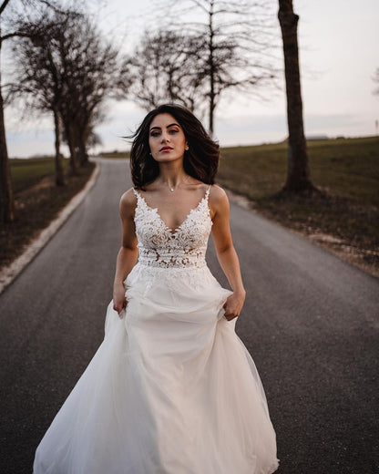 Simple Long A-line V-neck Tulle Backless Wedding Dress