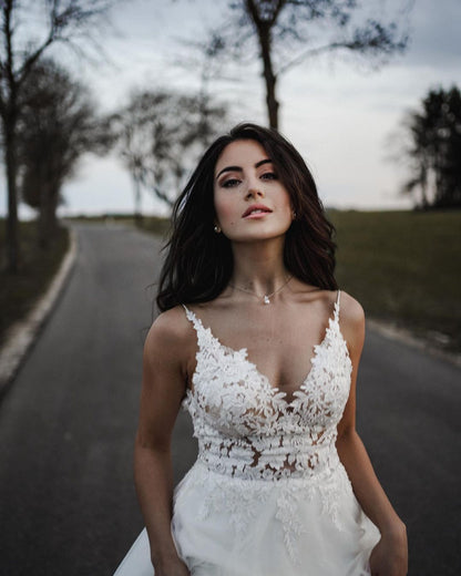 Simple Long A-line V-neck Tulle Backless Wedding Dress