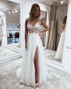 Simple Long A-line V-neck Tulle Wedding Dress with Slit