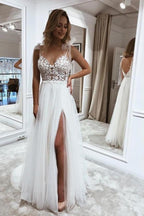 Simple Long A-line V-neck Tulle Wedding Dress with Slit