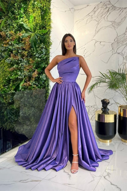 Simple Long Blue A-line One Shoulder Sleeveless Evening Dresses With Slit