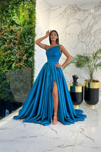 Robe de soirée longue simple bleue en ligne A, une épaule, sans manches, avec fente