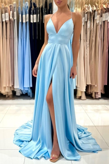 Robe de soirée longue simple bleu en satin, sans manches, en ligne A, col en V, avec fente