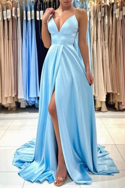 Robe de soirée longue simple bleu en satin, sans manches, en ligne A, col en V, avec fente