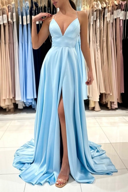 Robe de soirée longue simple bleu en satin, sans manches, en ligne A, col en V, avec fente