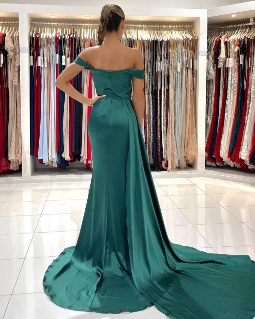 Simple Long Dark Green Off-the-shoulder Slit Mermaid Prom Dresses