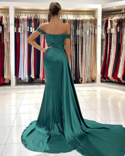 Simple Long Dark Green Off-the-shoulder Slit Mermaid Prom Dresses