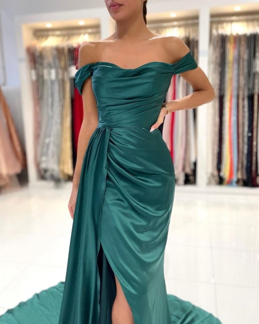 Simple Long Dark Green Off-the-shoulder Slit Mermaid Prom Dresses