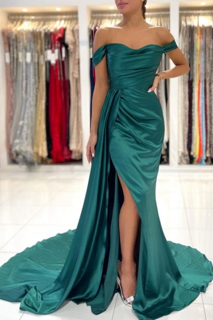 Simple Long Dark Green Off-the-shoulder Slit Mermaid Prom Dresses