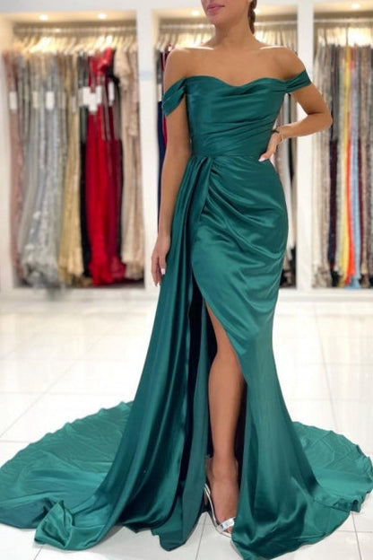Simple Long Dark Green Off-the-shoulder Slit Mermaid Prom Dresses
