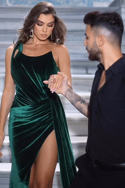 Vestido de fiesta sencillo, largo, sexy, de terciopelo verde oscuro, sin mangas, con abertura