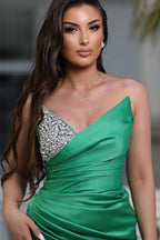 Vestido longo simples verde, sem alças, com decote em V, em cetim, sem mangas, para baile, com racha