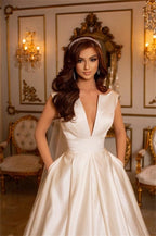 Simple Long Ivory A-line V-neck Satin Sleeveless Wedding Dresses With Train