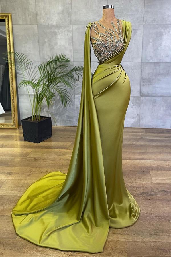 Schlichtes langes Meerjungfrau-Ballkleid aus Satin mit Schmucksteinen