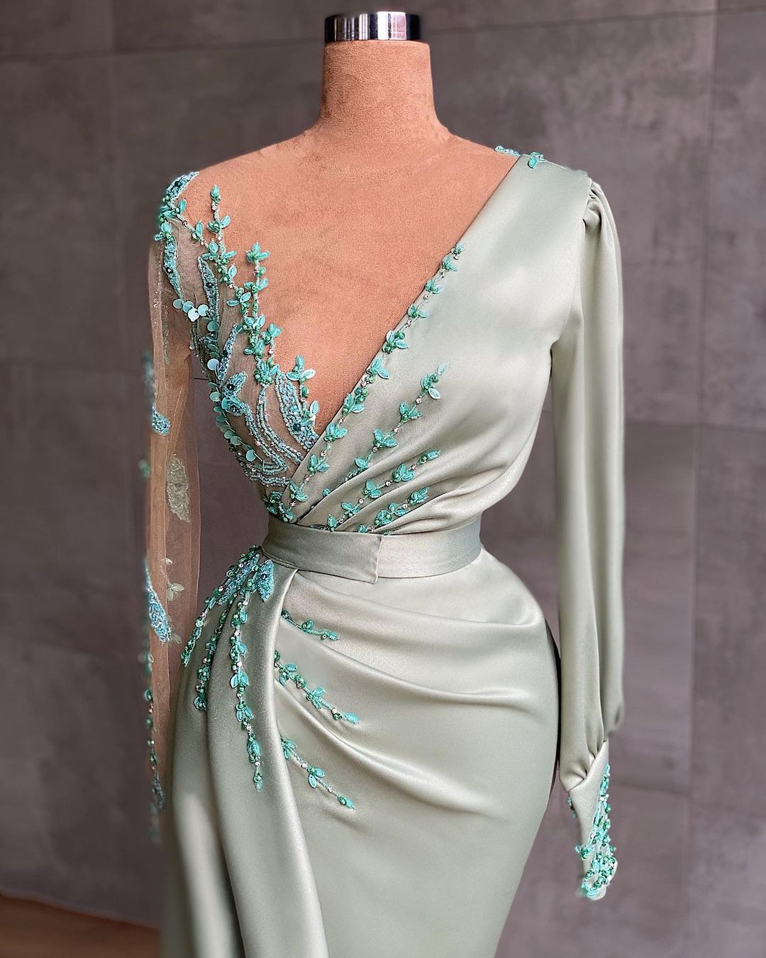 Simple Long Mermaid V-neck Satin Prom Dress with Sleeves