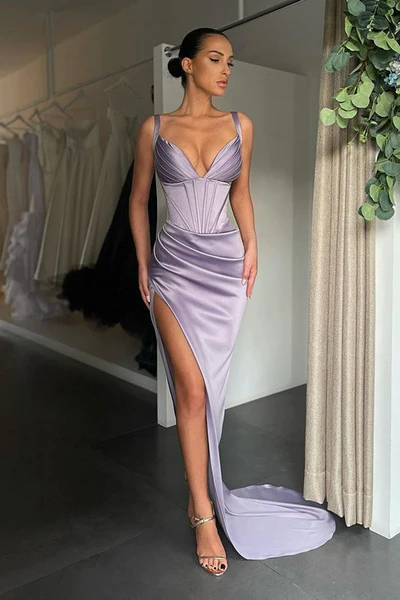 Simple Long Mermaid V-neck Sleeveless Prom Dress With Slit