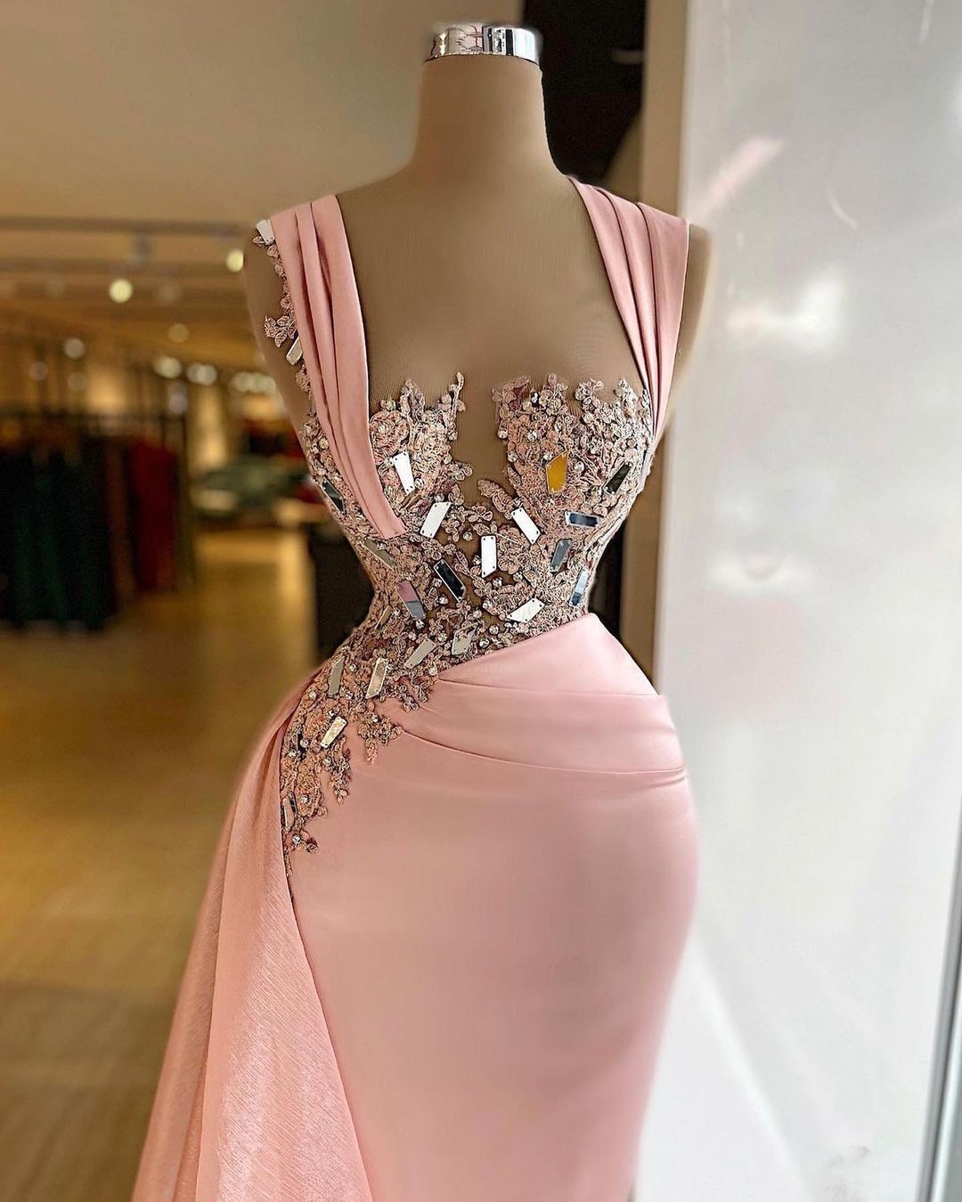 Simple Long Mermaid Wide Straps Crystal Ruffles Chiffon Prom Dress