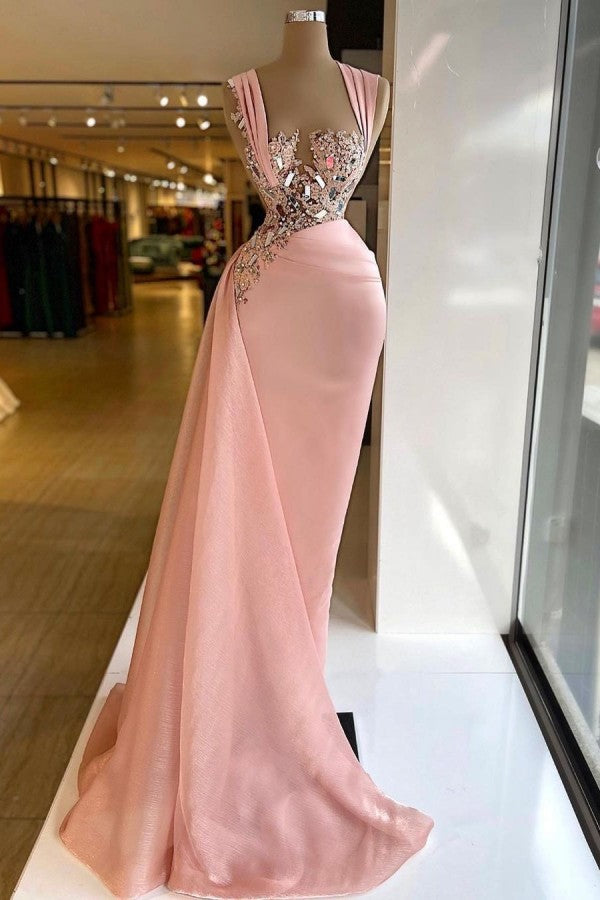 Simple Long Mermaid Wide Straps Crystal Ruffles Chiffon Prom Dress