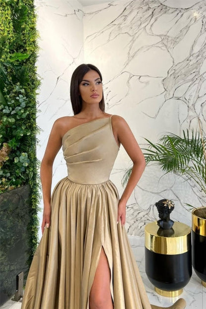 Vestido de fiesta sencillo, largo, rojo, de satén, con corte en A, un hombro, sin mangas y abertura