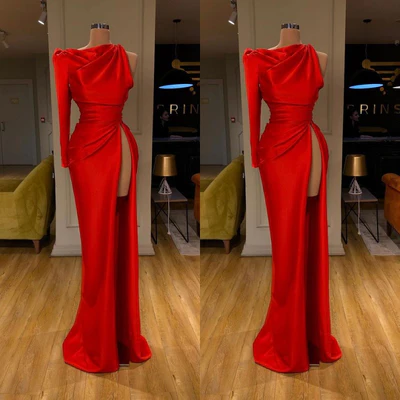 Vestido de fiesta sencillo, largo, rojo, de satén estilo sirena, con abertura y manga larga