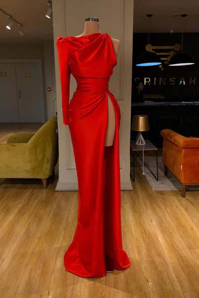 Vestido de fiesta sencillo, largo, rojo, de satén estilo sirena, con abertura y manga larga