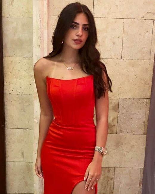 Simple Long Red Sexy Sleeveless Slit Mermaid Prom Dresses