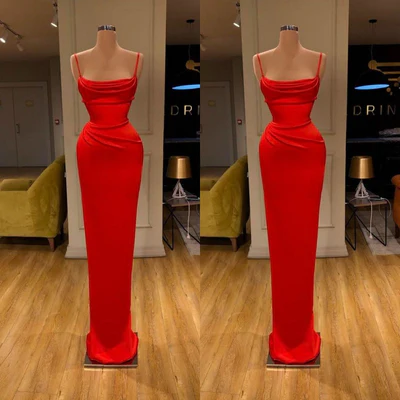 Simple Long Red Spaghetti Straps Mermaid Sleeveless Prom Dress