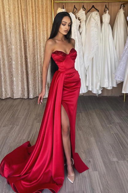Vestido de fiesta sencillo, largo, rojo, con escote en forma de corazón y lentejuelas y abertura