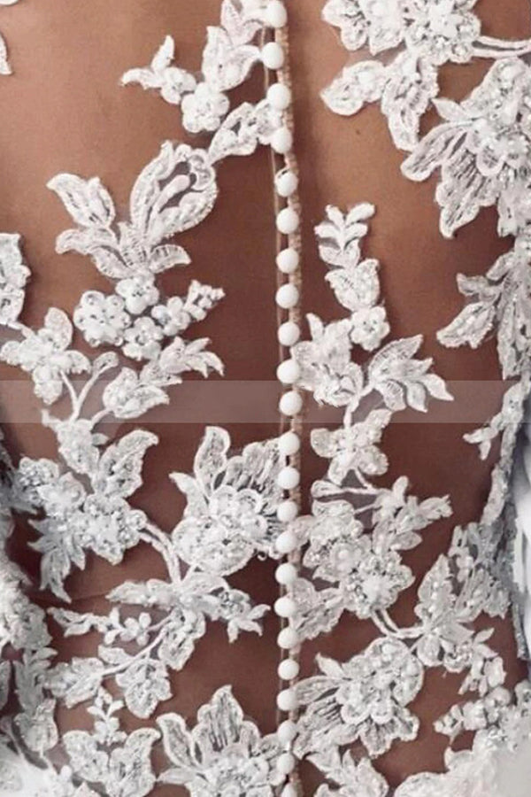 Vestido de Noiva Simples Longo com Bainha, Cetim, Ilusão de Renda nas Costas e Mangas