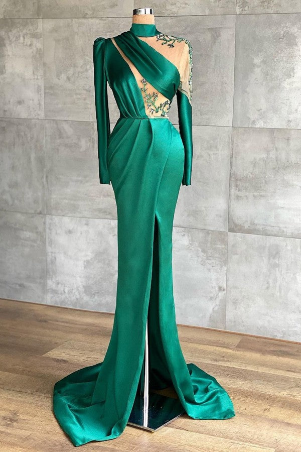 Vestido de Baile Simples com Mangas Compridas, Gola Alta e Corte de Sereia com Fenda